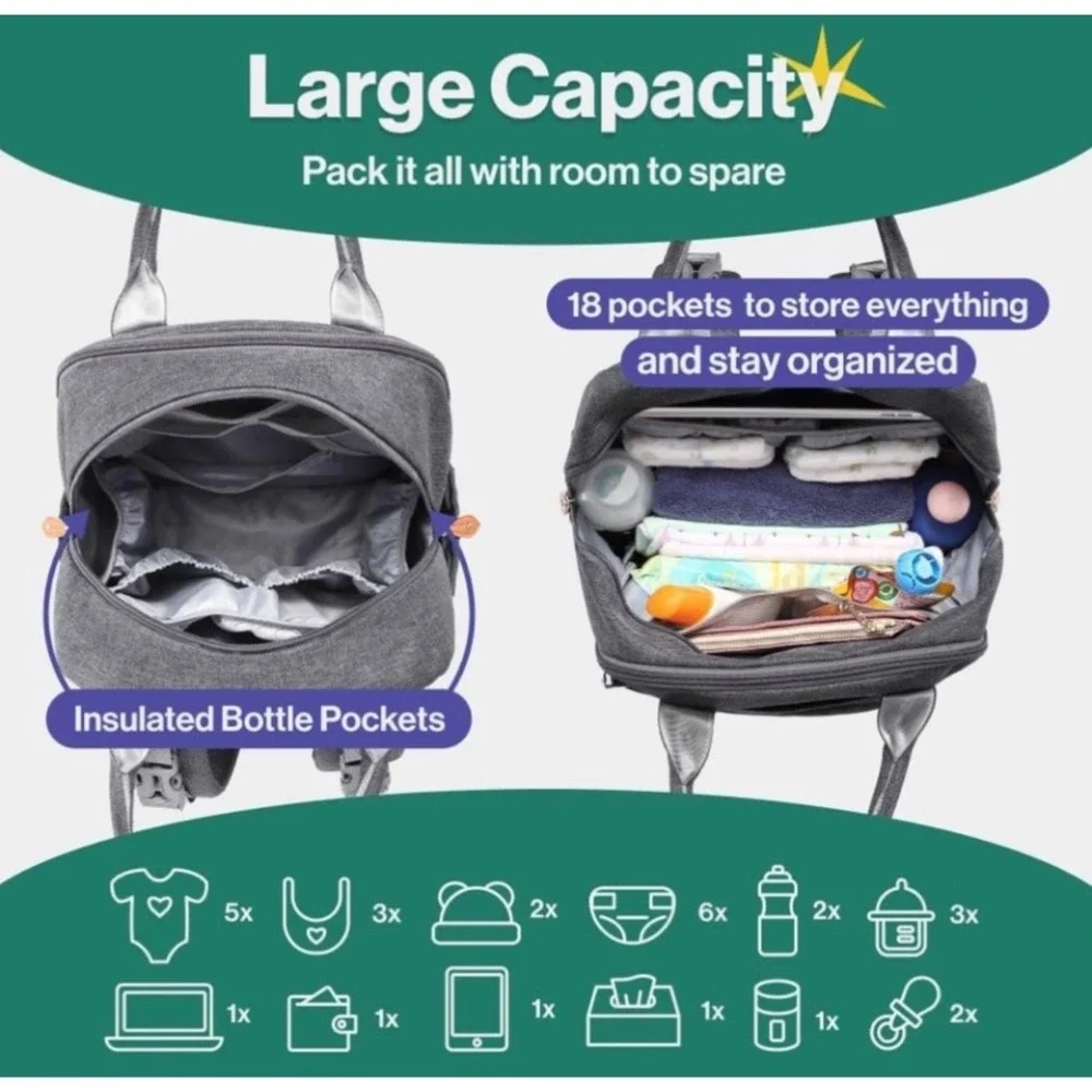 BabbleRoo Diaper Bag Backpack Large Capacity Travel Baby Bag‎ Gray 2984